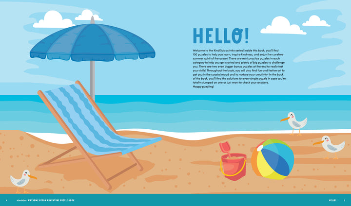 Experience a vibrant beach scene featuring a striped lounge chair, umbrella, beach ball, starfish, and seagulls along the sandy shore with bright blue skies and cheerful “HELLO!” text—just like the inspiration behind the KindKids Awesome Ocean Adventure Puzzle Book by Schiffer Publishing, Ltd. This playful puzzle book makes a perfect summer activity for kids who love ocean themes!.