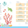 Here’s a revised version of the sentence using your product data: An illustrated underwater scene featuring an octopus, turtle, fish, coral, and rocks sets the stage for word scramble puzzles with letters and answer spaces on the right—ideal for fans of beach and ocean-themed challenges. With instructions and a “Let’s Learn” heading at the top left, this activity is a fun addition to any summer collection or Schiffer Publishing, Ltd.’s KindKids Awesome Ocean Adventure Puzzle Book.