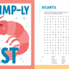 The KindKids Awesome Ocean Adventure Puzzle Book by Schiffer Publishing, Ltd. features a charming illustration of a smiling shrimp with the phrase “SHRIMP-LY THE BEST,” displayed beside an ATLANTIS-themed word search and a collection of ocean-inspired words—making it perfect for summer activity book fans who love kids puzzles and ocean puzzles.