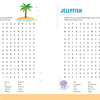 Experience the KindKids Awesome Ocean Adventure Puzzle Book from Schiffer Publishing, Ltd., featuring two engaging word search puzzles: “Islands,” highlighted by an island illustration, and “Jellyfish,” complete with playful jellyfish illustrations. Each puzzle includes a handy word list beneath the grid, all set against a crisp white background adorned with blue bubbles—perfect for enhancing any summer activity book or collection of kids’ puzzles.