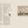 A sepia photo from *Baseball Threads* by Schiffer Publishing, Ltd. depicts a 19th-century baseball team in striped uniforms and hats, posed with bats; on the opposite page, two illustrated players in vintage attire are shown amid text highlighting pre-1900 baseball and its rich history.