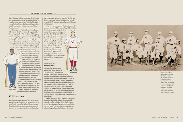 A sepia photo from *Baseball Threads* by Schiffer Publishing, Ltd. depicts a 19th-century baseball team in striped uniforms and hats, posed with bats; on the opposite page, two illustrated players in vintage attire are shown amid text highlighting pre-1900 baseball and its rich history.