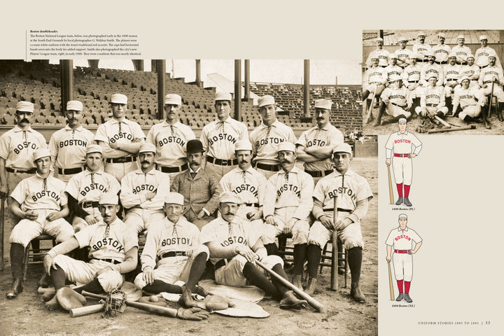 Vintage photo from Baseball Threads by Schiffer Publishing, Ltd. features a late 1800s Boston baseball team dressed in classic uniforms; smaller images and illustrations of the team and players—evoking pre-1900 baseball history—appear on the right against a beige background.