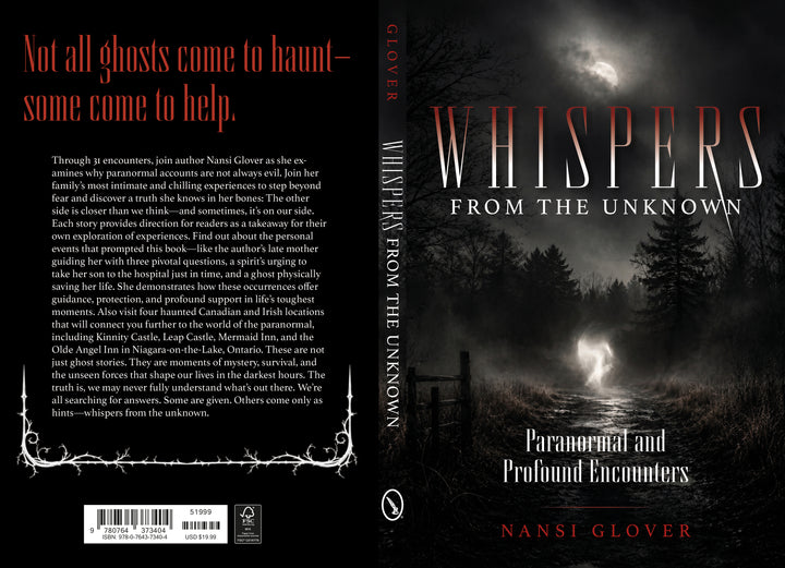 Cover of Whispers from the Unknown featuring a ghostly figure in a dark, moonlit forest, with back cover text detailing paranormal experiences at haunted locations.
