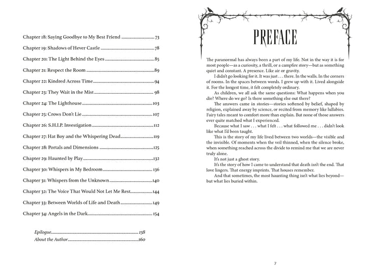 An open page from Whispers from the Unknown shows preface text on the right and a table of contents listing chapters 18 through 34 on the left, detailing various haunted locations and paranormal experiences.
