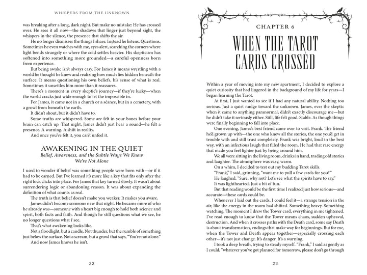 Two open pages of Whispers from the Unknown show chapter six, When the Tarot Cards Crossed, detailing paranormal experiences through paragraphs of text.
