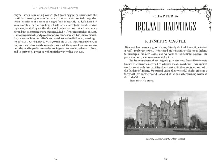 A two-page spread from Whispers from the Unknown featuring a chapter titled Ireland Hauntings at Kinnitty Castle, including text and a black-and-white photograph of the castle, a site known for ghost encounters and paranormal experiences.