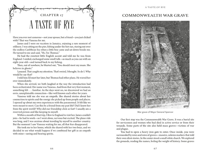 A book spread from Whispers from the Unknown shows the chapter A Taste of Rye on the left and a stone grave marker for Major General Spencer on the right, with text detailing haunted locations and paranormal experiences below each.