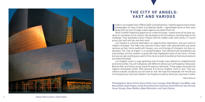 A double-page spread from the Los Angeles book, featuring a photograph of Walt Disney Concert Hall at sunrise on the left and introductory text about city landmarks on the right.