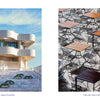 Two photos from the Los Angeles book: the white Getty Center museum building with sculptures on stone steps, and an overhead view of empty café tables and chairs casting long shadows.