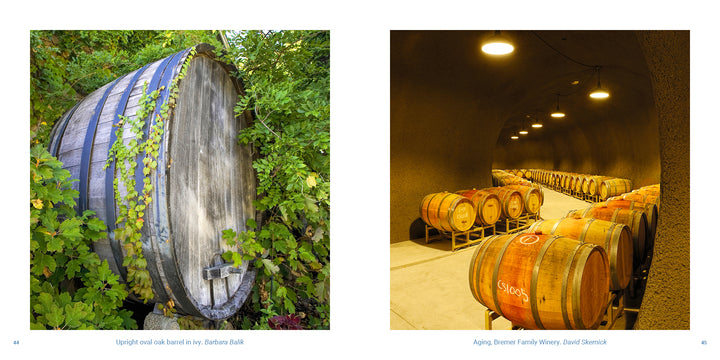 An oval wooden barrel surrounded by ivy sits near a dim wine cellar tunnel, an image from Vineyards of Napa Valley capturing the essence of the region’s vineyards.