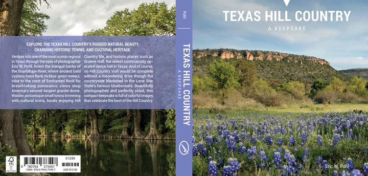 The Texas Hill Country book cover features a scenic landscape of bluebonnets in a field before a rock bluff, with a back cover summary and author information.