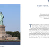 The Statue of Liberty standing on its pedestal above a harbor next to a page titled New York, New York! in a New York City photo book.