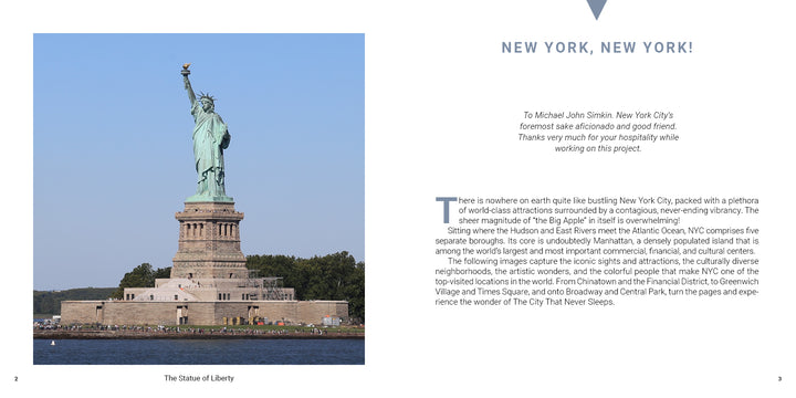 The Statue of Liberty standing on its pedestal above a harbor next to a page titled New York, New York! in a New York City photo book.