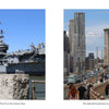 A split-view New York City souvenir photo book image showing an aircraft carrier docked at a pier beside pedestrians on the Brooklyn Bridge, with iconic NYC landmarks and skyscrapers in the background.