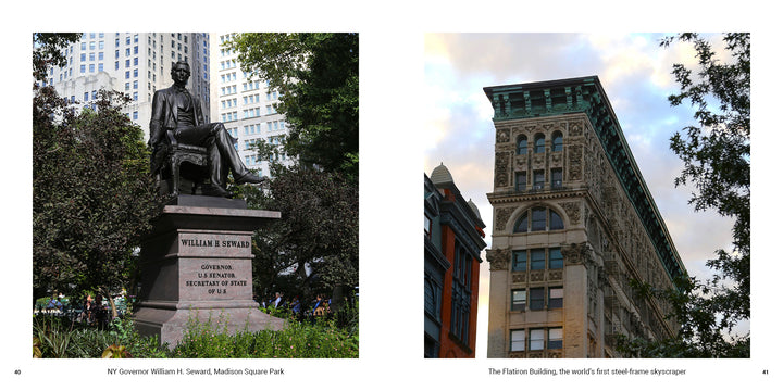 A statue of William H. Seward sits on a pedestal in Madison Square Park, framed by the Flatiron Building in this New York City scene.