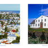 A high-angle view of colorful Reykjavik rooftops overlooking a bay, a white building, and a statue under a blue sky, featured in the Iceland photography book by Schiffer Publishing, Ltd.