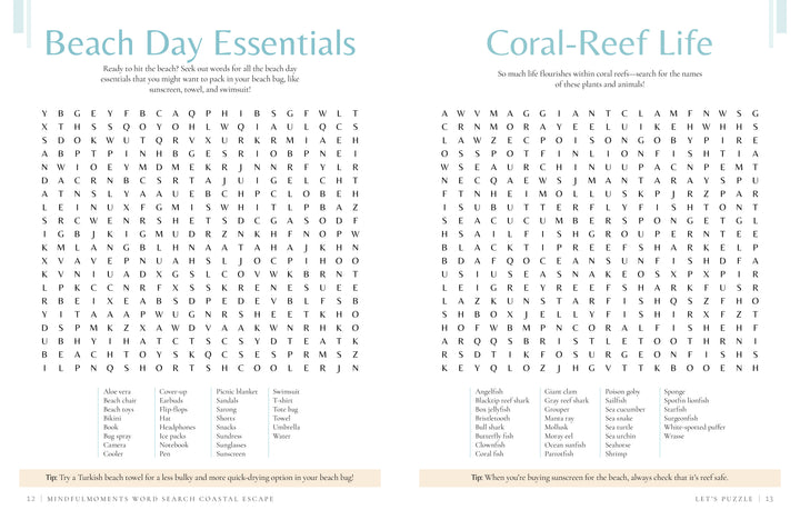 Two word search puzzles from Schiffer Publishing, Ltd.’s MindfulMoments Word Search Coastal Escape sit side by side: Beach Day Essentials on the left and Coral-Reef Life on the right—each featuring coastal themes, a word list beneath the title, and an inspiring tip at the bottom of the page to encourage mindful moments.