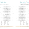 Here’s a rewritten version using your product data: Two word search puzzles from *MindfulMoments Word Search Coastal Escape* by Schiffer Publishing, Ltd. are displayed side by side. The left puzzle highlights whales, while the right features beach games—both ideal for coastal-themed enjoyment. Each puzzle includes its own word list below, encouraging mindful fun and discovery. Informative text boxes share intriguing facts about whales and the origins of frisbee.