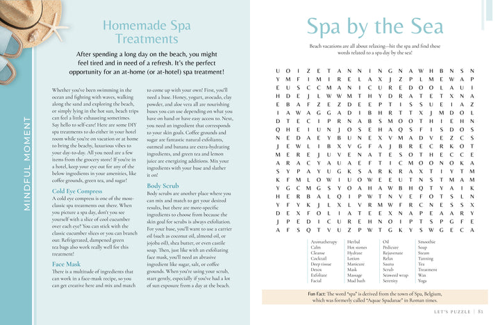 Two pages: The left page offers homemade spa tips with sandals and a towel in the corner; the right page features a beach-themed word search titled Spa by the Sea, set against a light blue, coastal design—an inviting highlight from MindfulMoments Word Search Coastal Escape by Schiffer Publishing, Ltd., featuring relaxing seaside puzzles.
