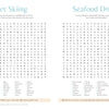 Two word search puzzles from Schiffer Publishing, Ltd.’s MindfulMoments Word Search Coastal Escape sit side by side: one titled Jet Skiing, the other Seafood Dishes. Both feature word lists, helpful tips at the bottom, and showcase calming light blue and tan accents on a crisp white background. Perfect for enthusiasts of coastal-themed challenges, these engaging activities add a splash of beach fun to your MindfulMoments puzzle book collection.