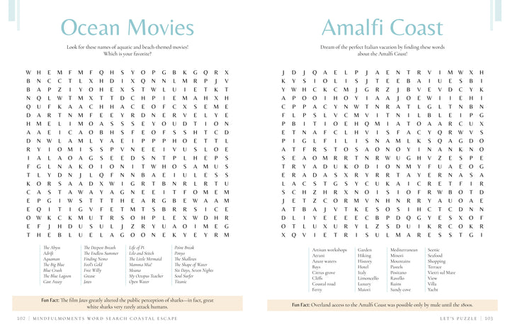Two coastal word-search puzzles from the MindfulMoments Word Search Coastal Escape by Schiffer Publishing, Ltd. sit side by side—each featuring a grid of letters, handy word lists below, and interesting fun facts at the bottom. The light, clean page design makes these perfect for fans of mindful moments puzzle books or anyone looking to unwind with relaxing beach-themed challenges.