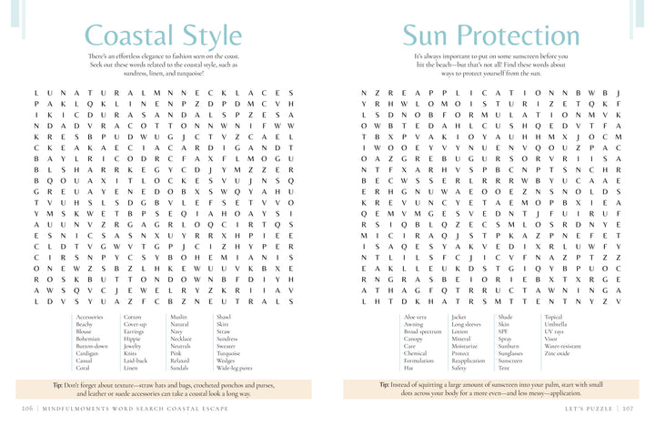 Two word searches from the MindfulMoments Word Search Coastal Escape by Schiffer Publishing, Ltd. sit side by side, titled Coastal Style and Sun Protection. Each puzzle features a grid of letters with word lists below, inviting you to unwind and enjoy mindful activity. The page is decorated with soft blue and beige accents for a soothing beach-themed vibe. Helpful sun safety tips about hats and sunscreen are thoughtfully included at the bottom.