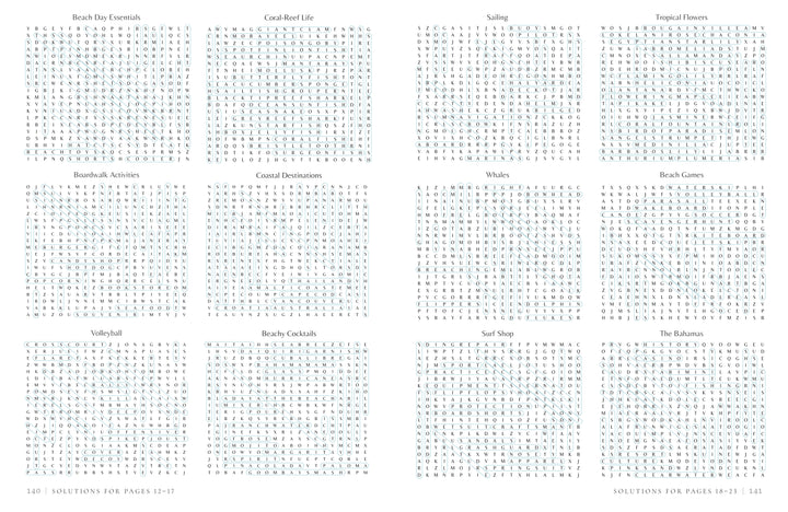 Experience MindfulMoments Word Search Coastal Escape by Schiffer Publishing, Ltd.—a set of twelve all-caps word-search puzzles arranged in a 3x4 grid, each puzzle featuring a unique beach or summer-inspired theme.