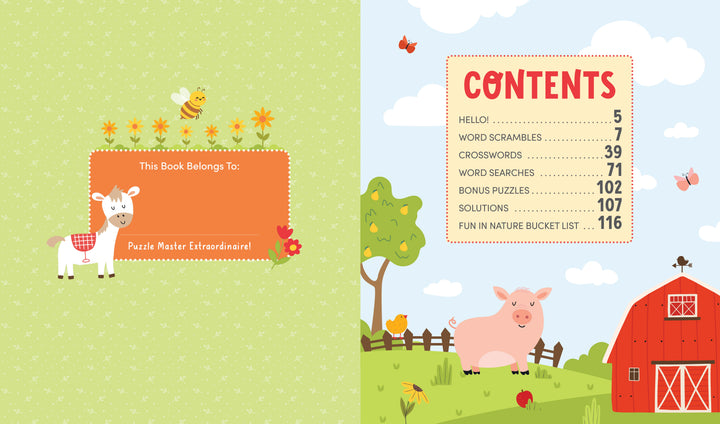 An open KindKids Fun on the Farm Puzzle Book with a This Book Belongs To page featuring a cartoon pony and bee, and a contents page listing sections like word scrambles, crosswords, and word searches.