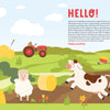 A smiling cow, a sheep, and a chicken gather in a farm scene with a sun, tractor, hay bales, and a windmill on the cover of the KindKids Fun on the Farm Puzzle Book.