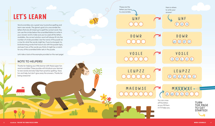 A KindKids Fun on the Farm Puzzle Book worksheet page featuring instructions, a note for helpers, and farm puzzles for kids showing unscrambled words in letter bubbles.