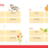 A KindKids Fun on the Farm Puzzle Book farm-themed word scramble worksheet with categories for animal sounds, hay, flowers, and leaves, featuring illustrations of a cow, hay bales, and flowers.
