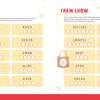 A two-page spread from the KindKids Fun on the Farm Puzzle Book featuring agricultural word scrambles, a donkey, and a red tractor.