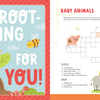A two-page spread from the KindKids Fun on the Farm Puzzle Book featuring an I’m Rooting for You! illustration on the left and a baby animal-themed crossword puzzle on the right.
