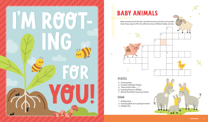 A two-page spread from the KindKids Fun on the Farm Puzzle Book featuring an I’m Rooting for You! illustration on the left and a baby animal-themed crossword puzzle on the right.
