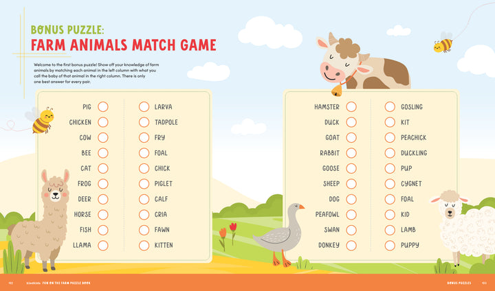 A KindKids Fun on the Farm Puzzle Book matching game features two columns of animal names to be matched to their young, with illustrations of a cow, llama, goose, and sheep.