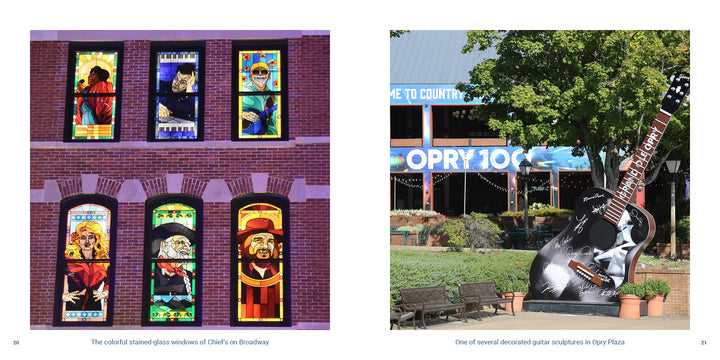 Six colorful stained-glass windows depicting musical figures in a brick building next to a large guitar sculpture at an outdoor plaza, featured in the Nashville travel guide by Schiffer Publishing, Ltd.