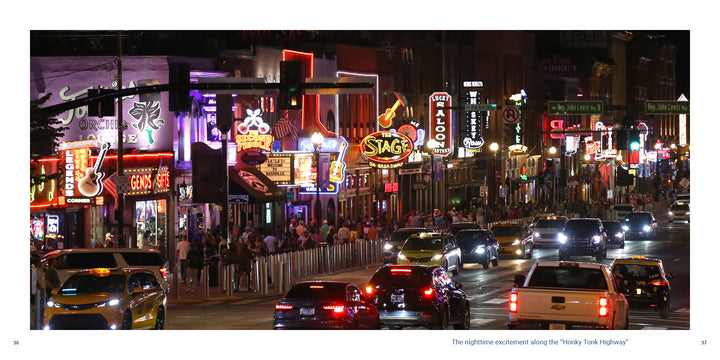 A busy Nashville travel souvenir street at night lined with bright neon signs for bars and music venues, with cars and taxis driving through the crowded Music City photography scene.