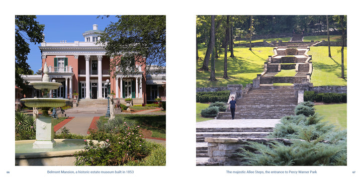 A Nashville side-by-side travel souvenir view of the historic Belmont Mansion with a tiered fountain in the foreground and the stone Allee Steps leading up a hill in a park.