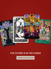 Four tarot cards, each with unique colorful illustrations, are displayed in a fan shape on a red background. Below them, bold white text reads, “THE FUTURE IS IN THE CARDS” above a button labeled EXPLORE THE COLLECTION.