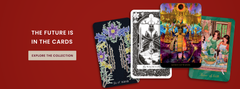 Four tarot cards fanned out on a red background next to the text “The future is in the cards” and a button labeled “Explore the collection.” Cards include Six of Wands, The Magician, Queen of Wands, and Nine of Wands.