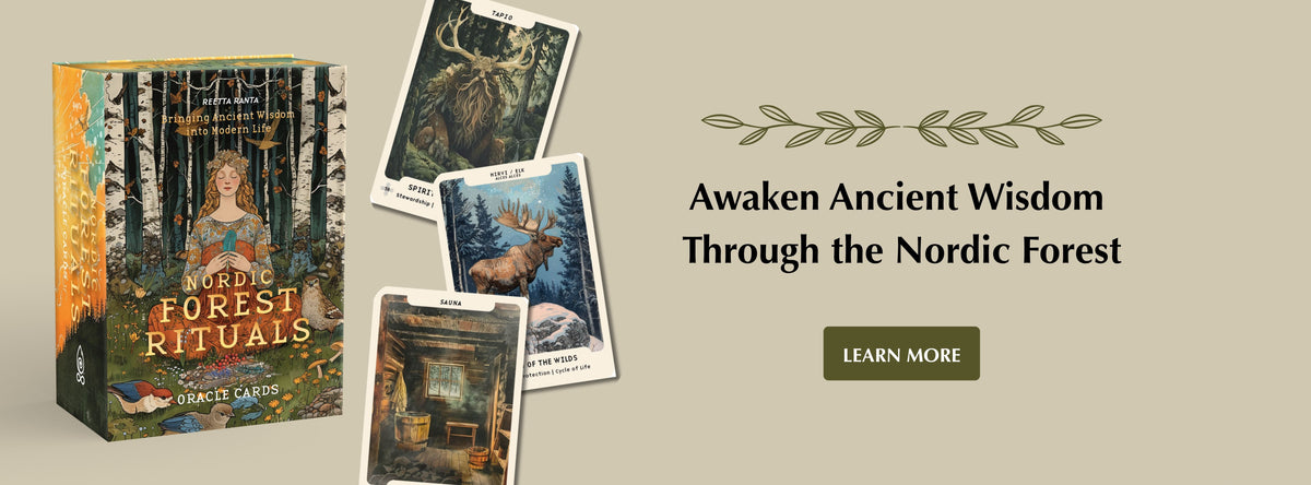Nordic Forest Rituals oracle card deck box and three sample cards displayed next to text reading Awaken Ancient Wisdom Through the Nordic Forest and a Learn More button.
