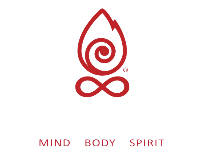 A red flame-shaped spiral and infinity symbol above the words RED Feather in white, and MIND | BODY | SPIRIT in red, all on a light gray background.