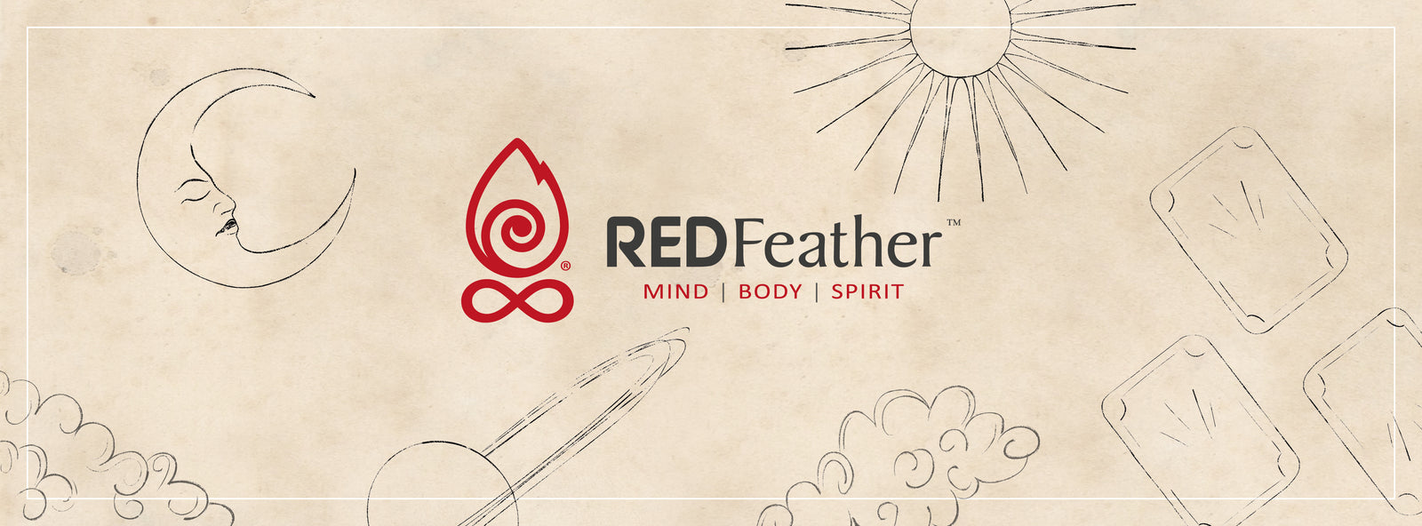 Beige background with black line art of a crescent moon, sun, feather, clouds, and tarot cards. In the center, a red feather logo with the words “REDFeather MIND | BODY | SPIRIT” appears.