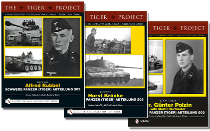 The Tiger Project Bundle: Books 1-3 by Schiffer Publishing, Ltd. features covers with black-and-white photos of Schwere Panzer Abteilung tank crews, tanks in action, and highlights Alfred Rubbel, Horst Krönke, and Günter Polzin.