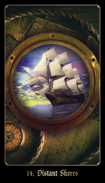 A sailing ship with white sails glides across the sea through a porthole, framed by an old map and compass. At the bottom: "14. Distant Shores." From The Chronicles of Destiny Fortune Cards by Schiffer Publishing, Ltd.