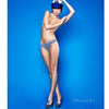 A woman evokes classic pin-up photography in Alvarado's Classic Modern Pin-ups by Schiffer Publishing, Ltd., posing against a bright blue backdrop in a sailor hat, striped bikini bottoms, and patterned shoes, channeling modern pin-up style.