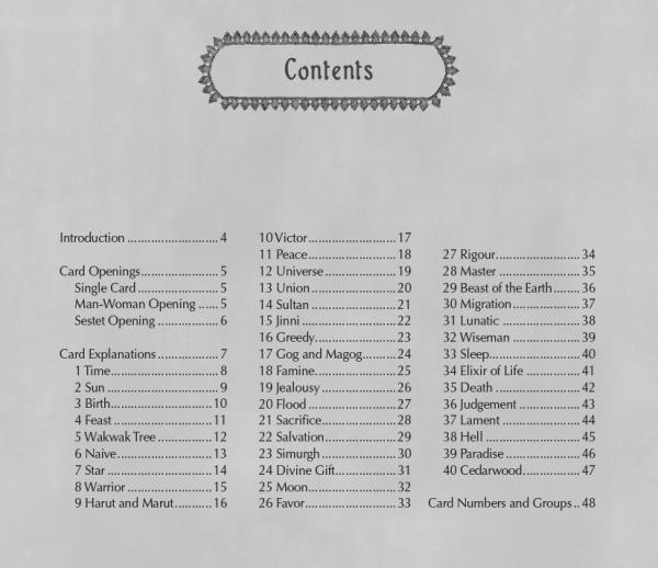 A black-and-white table of contents from Falnama by Schiffer Publishing, Ltd., lists sections like Card Openings, Card Explanations, and topics such as Peace and Death—mirroring the structure of an illustrated oracle deck inspired by Islamic manuscripts.