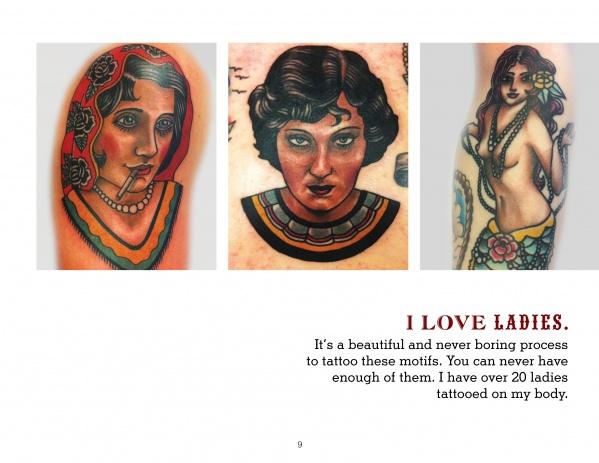 The New Old School by Schiffer Publishing, Ltd. features bold tattoos of women—a dark-haired lady with a cigarette and flowers, one with a necklace, and a mermaid—with text "I LOVE LADIES," celebrating classic tattoo motifs.