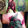 Showcasing Street Shop Tattoo Stencils by Schiffer Publishing, Ltd.: a collage featuring a scorpion, flaming skull, stylized blue and pink bird, plus two abstract black ink designs.